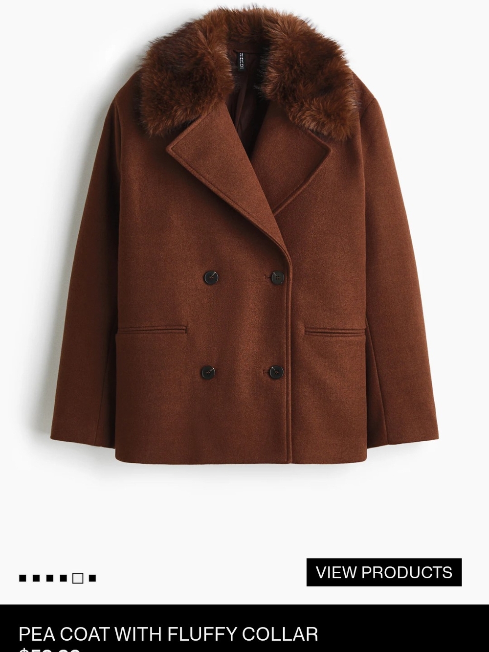 H&M Brown Double-Breasted Pea Coat with Faux Fur Collar